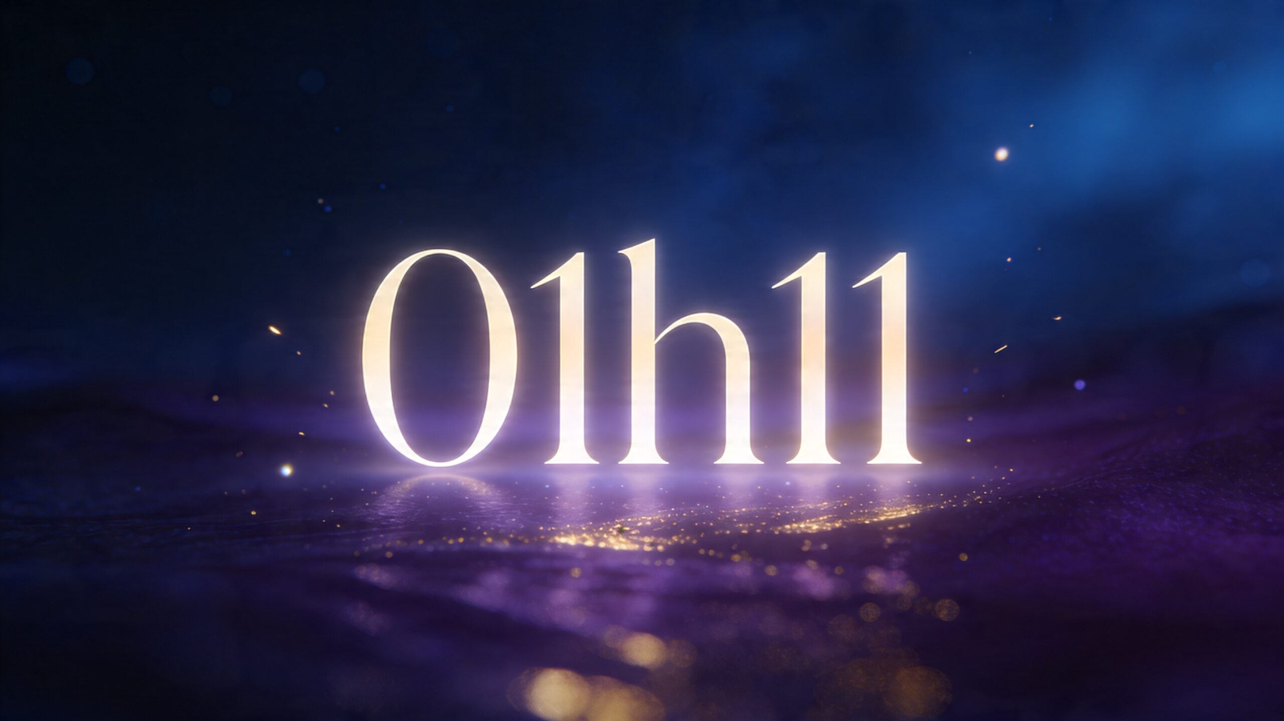 Heure miroir 01h11 lumineuse dans une ambiance nocturne spirituelle moderne, avec tons bleu nuit, violet et reflets dorés