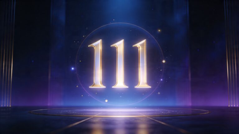 Nombre 111 lumineux dans une ambiance spirituelle moderne en tons bleu nuit, violet et doré