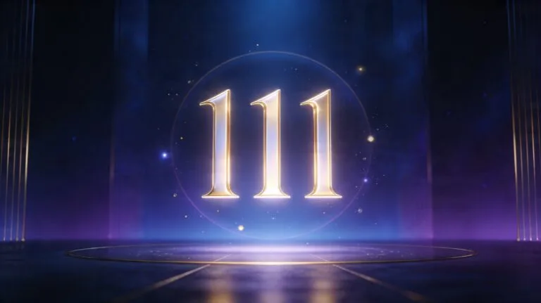 Nombre 111 lumineux dans une ambiance spirituelle moderne en tons bleu nuit, violet et doré