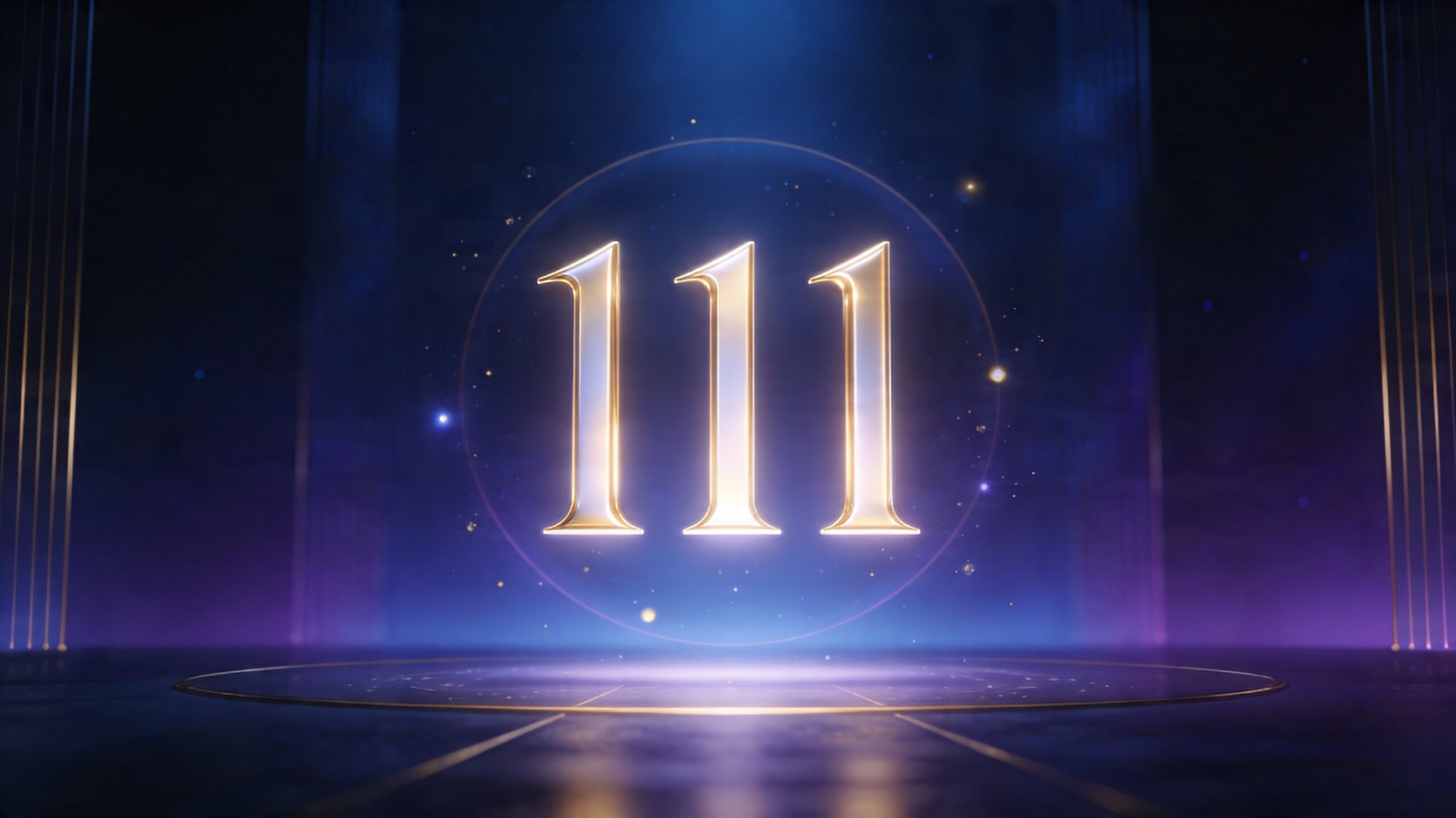 Nombre 111 lumineux dans une ambiance spirituelle moderne en tons bleu nuit, violet et doré