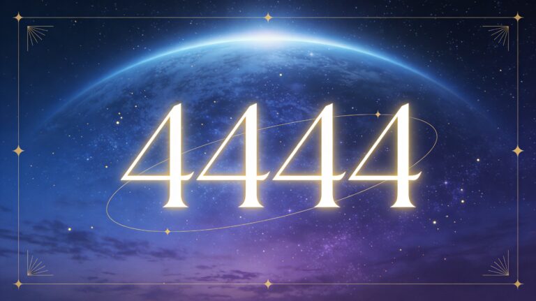 Nombre 444 lumineux sur fond mystique bleu et violet avec halo doré, illustrant la signification spirituelle et angélique du 444