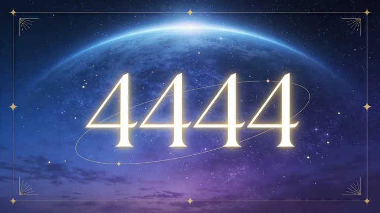 Nombre 444 lumineux sur fond mystique bleu et violet avec halo doré, illustrant la signification spirituelle et angélique du 444