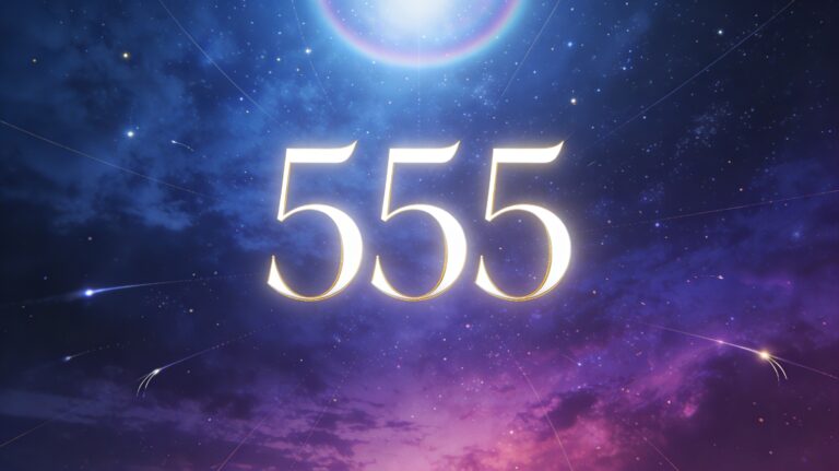 Nombre 555 lumineux sur fond cosmique bleu, violet et magenta, illustrant le changement et la transformation spirituelle