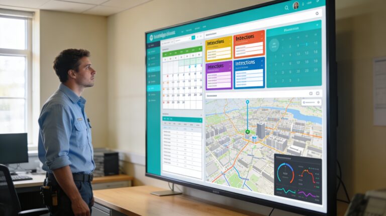 Technicien municipal consultant un logiciel de gestion d'intervention sur écran tactile dans un bureau technique