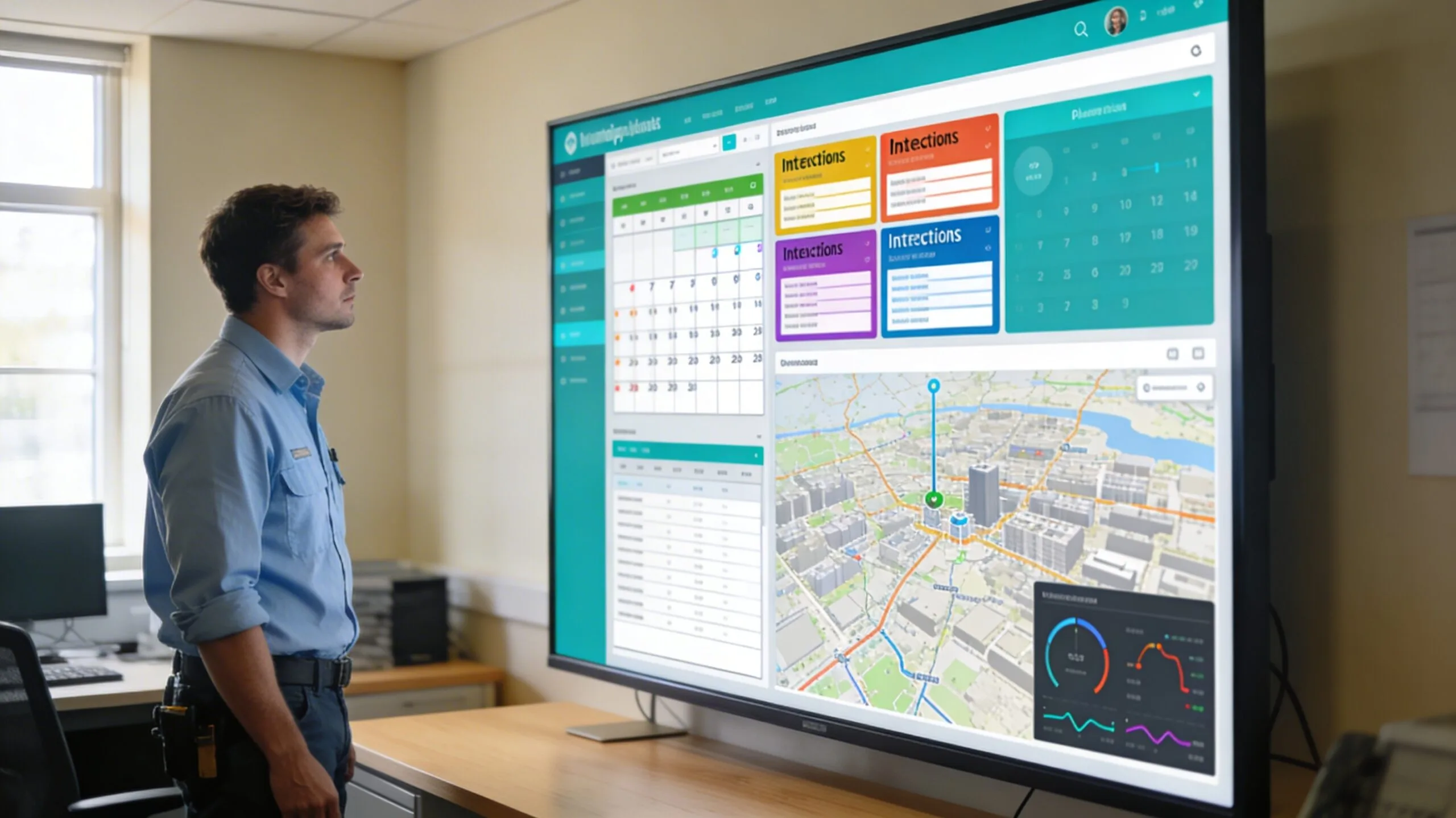Technicien municipal consultant un logiciel de gestion d'intervention sur écran tactile dans un bureau technique