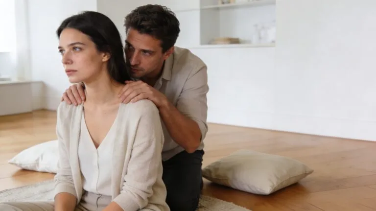 Une femme semble chercher de l’espace tandis qu’un homme reste très proche d’elle dans un intérieur contemporain, illustrant une relation étouffante.