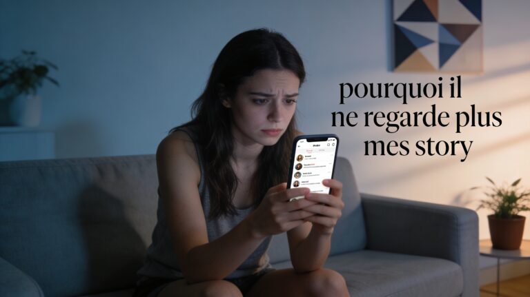 Jeune femme regardant son smartphone avec air pensif, symbole de distance émotionnelle sur les stories Instagram