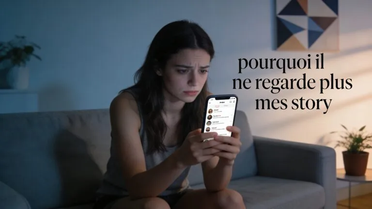 Jeune femme regardant son smartphone avec air pensif, symbole de distance émotionnelle sur les stories Instagram