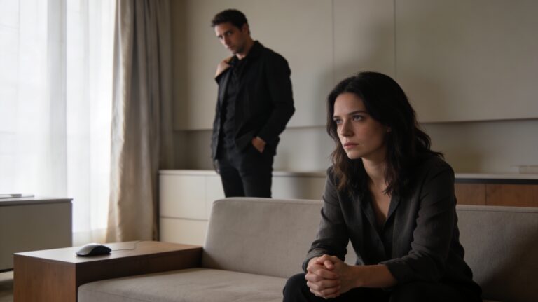 Une femme pensive au premier plan et un homme flou en arrière-plan dans un intérieur contemporain, illustrant le doute, la dissimulation et une relation toxique