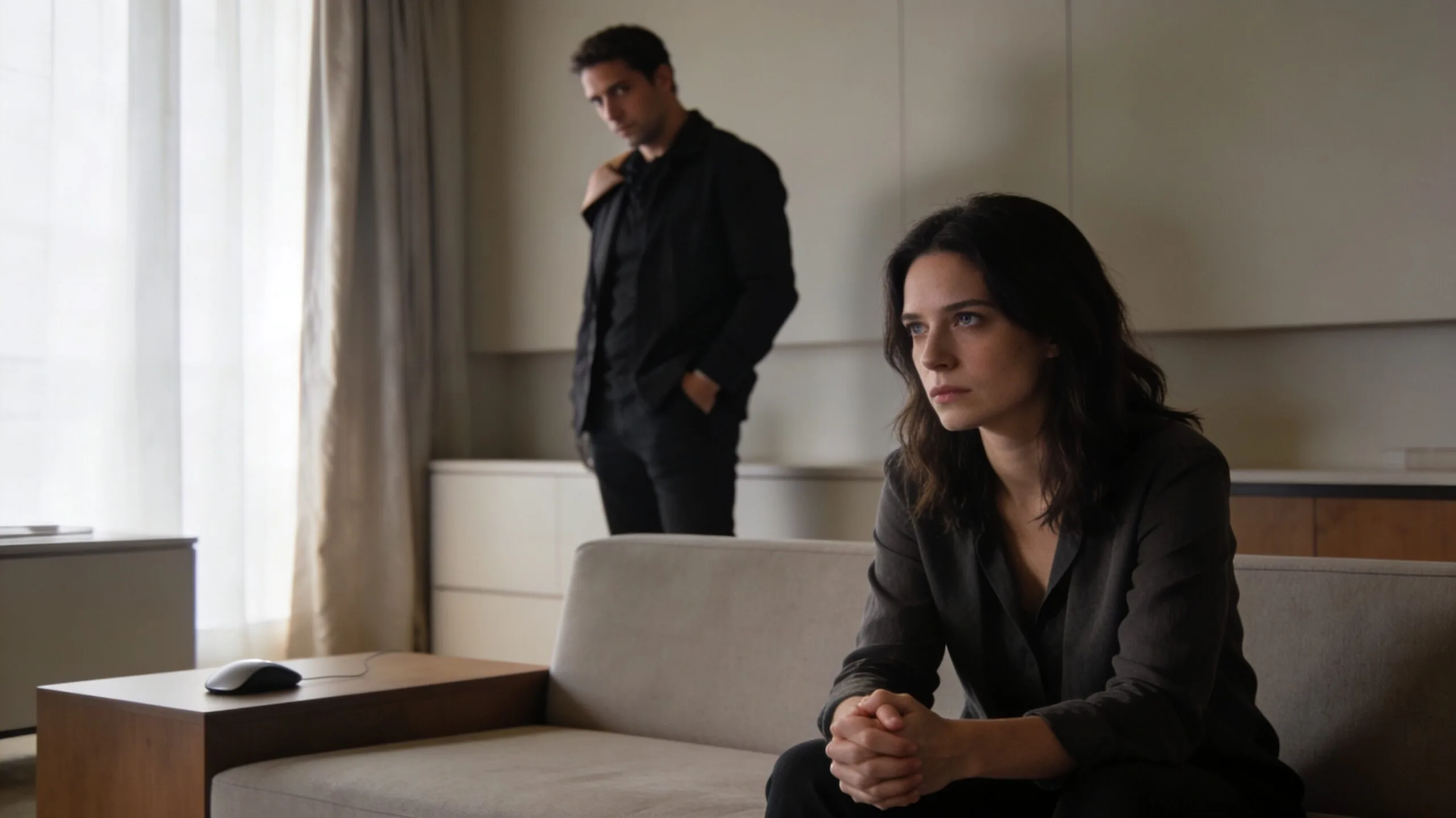 Une femme pensive au premier plan et un homme flou en arrière-plan dans un intérieur contemporain, illustrant le doute, la dissimulation et une relation toxique
