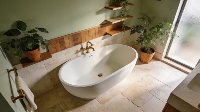 Salle de bain moderne et chaleureuse avec baignoire ovale encastrée, habillage bois et lumière naturelle