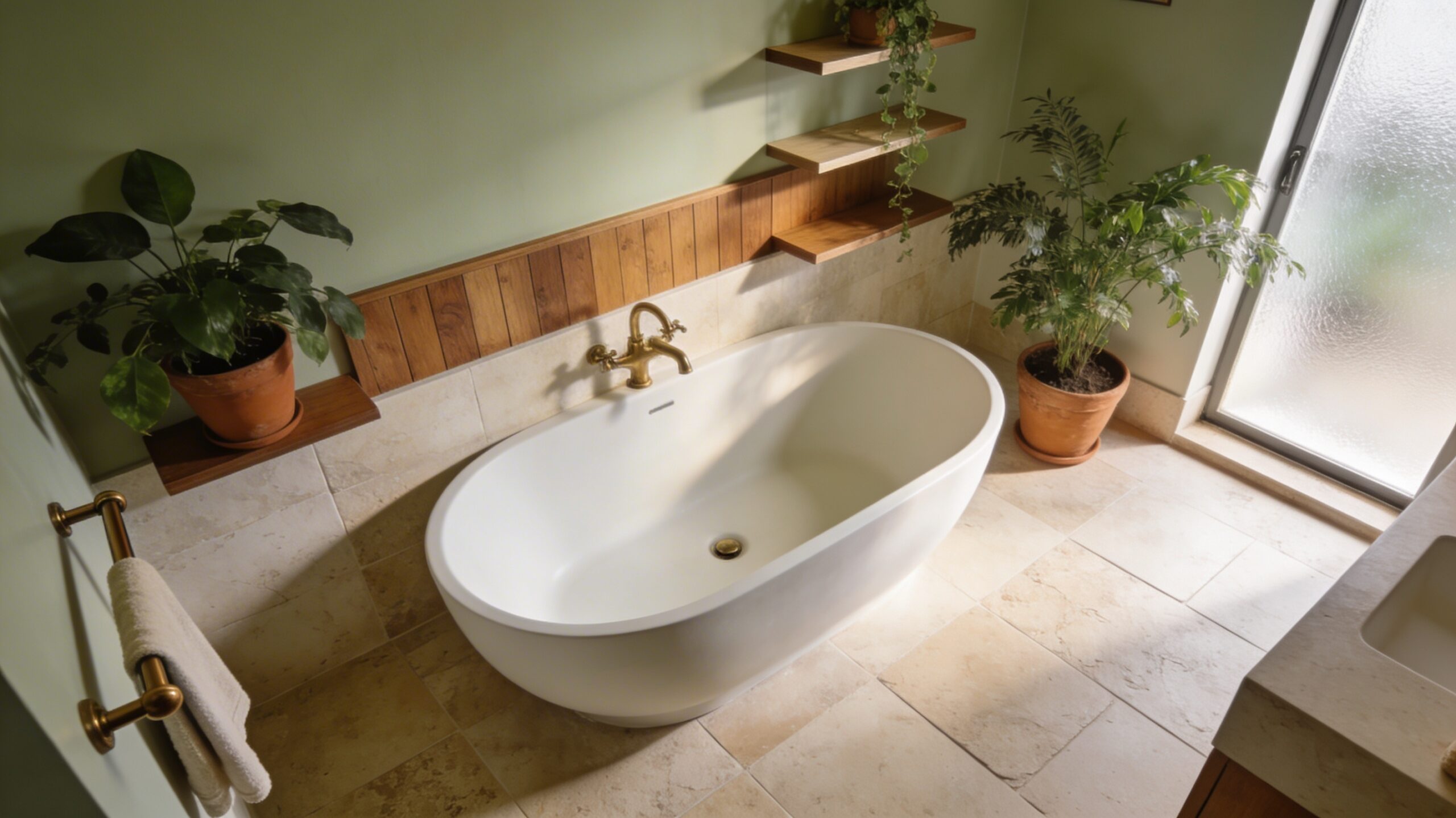 Salle de bain moderne et chaleureuse avec baignoire ovale encastrée, habillage bois et lumière naturelle