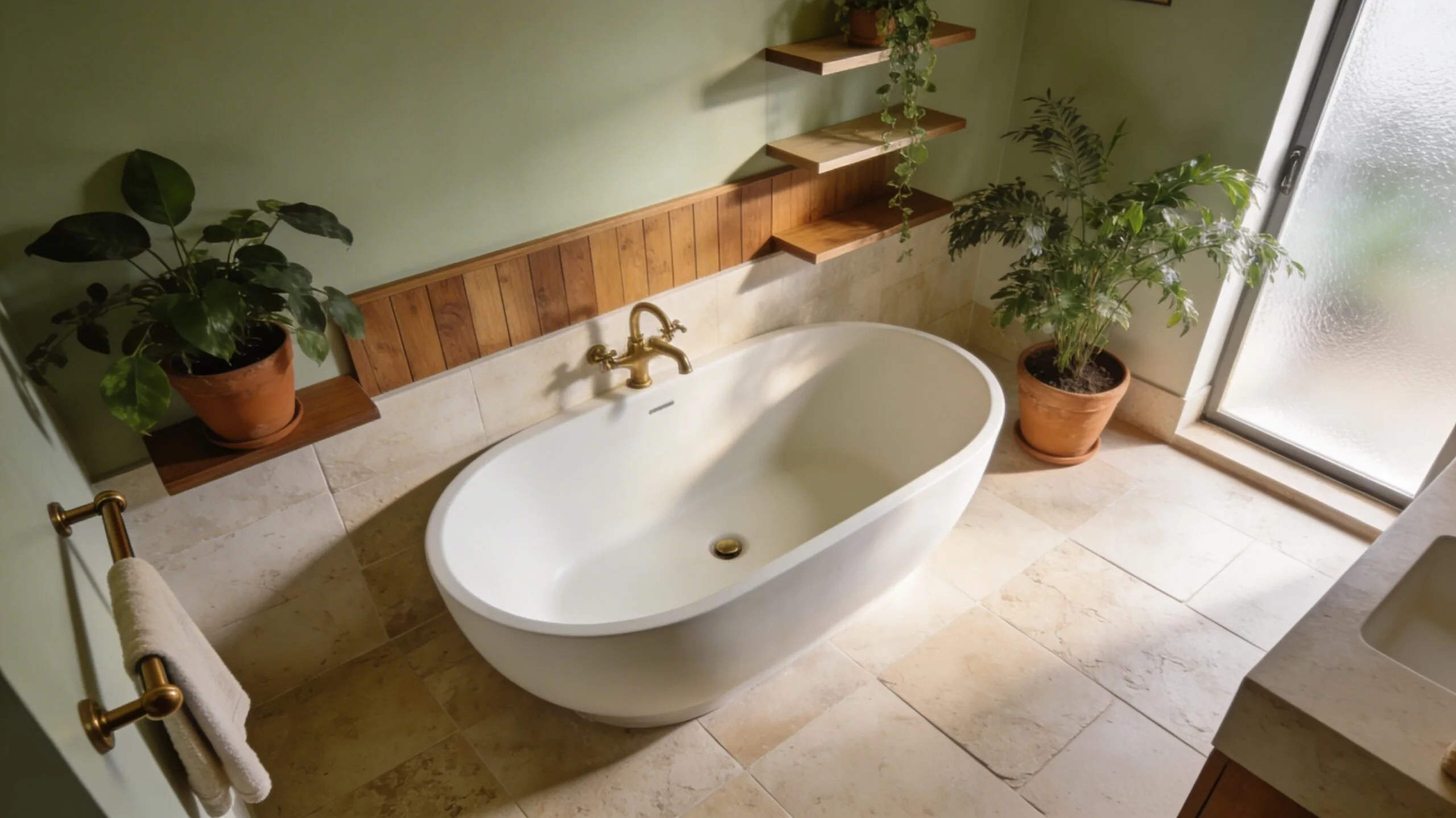 Salle de bain moderne et chaleureuse avec baignoire ovale encastrée, habillage bois et lumière naturelle