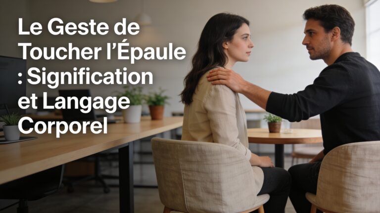 Un homme pose délicatement sa main sur l’épaule d’une femme dans un cadre sobre, illustrant le langage corporel et l’interprétation d’un geste de soutien ou d’attention.