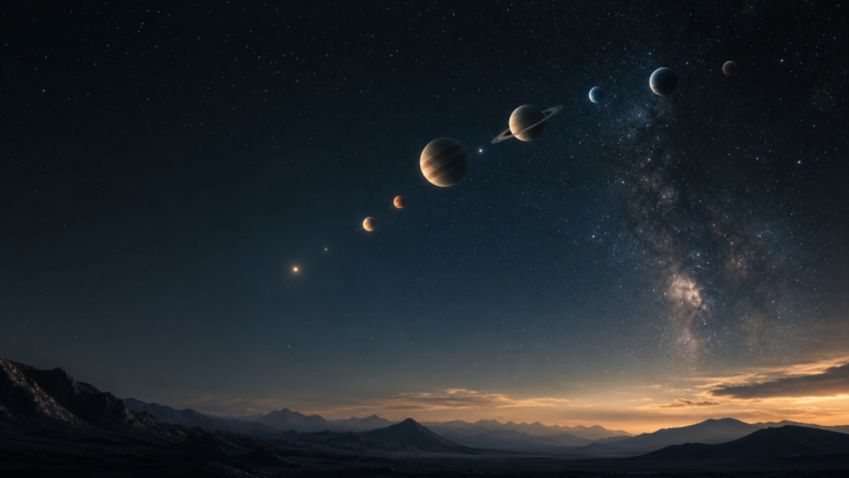 Ciel nocturne avec plusieurs planètes alignées au-dessus de l’horizon pour illustrer la signification d’un alignement planétaire