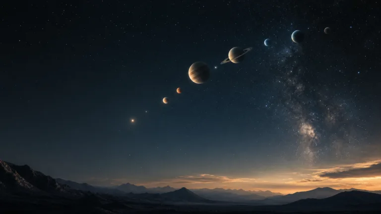Ciel nocturne avec plusieurs planètes alignées au-dessus de l’horizon pour illustrer la signification d’un alignement planétaire