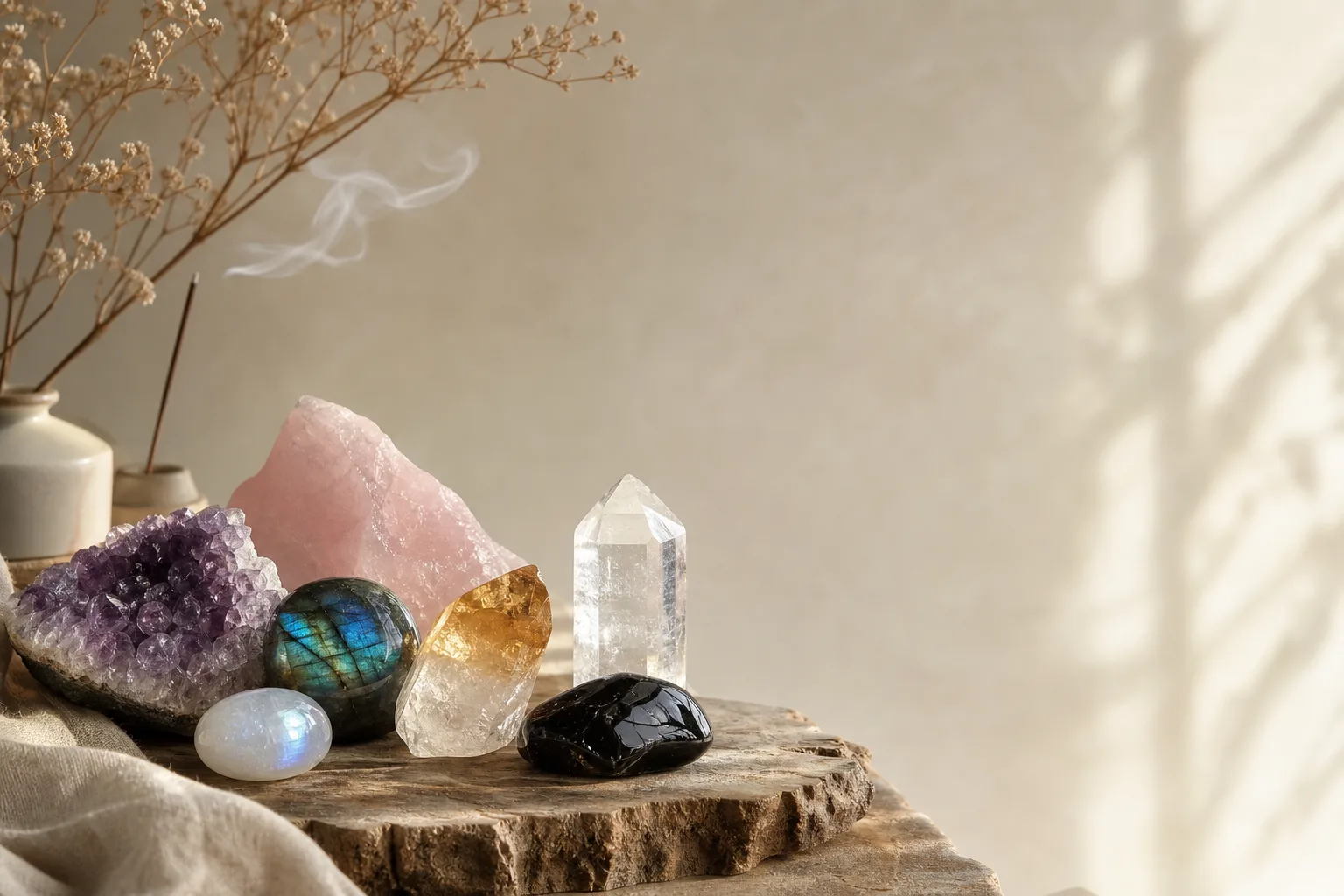 Pierres naturelles de lithothérapie avec améthyste, quartz rose, labradorite et citrine sur fond apaisant