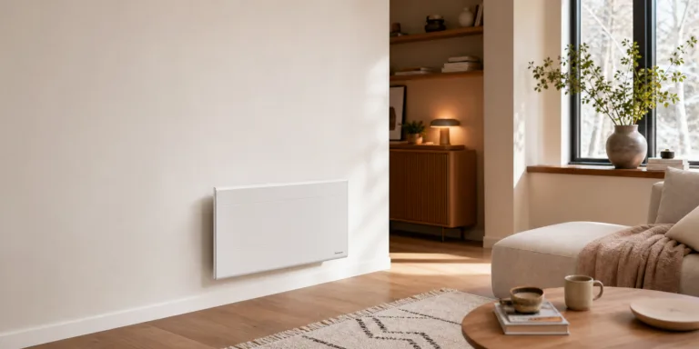 Radiateur à inertie sèche mural dans un salon moderne et lumineux avec ambiance chaleureuse