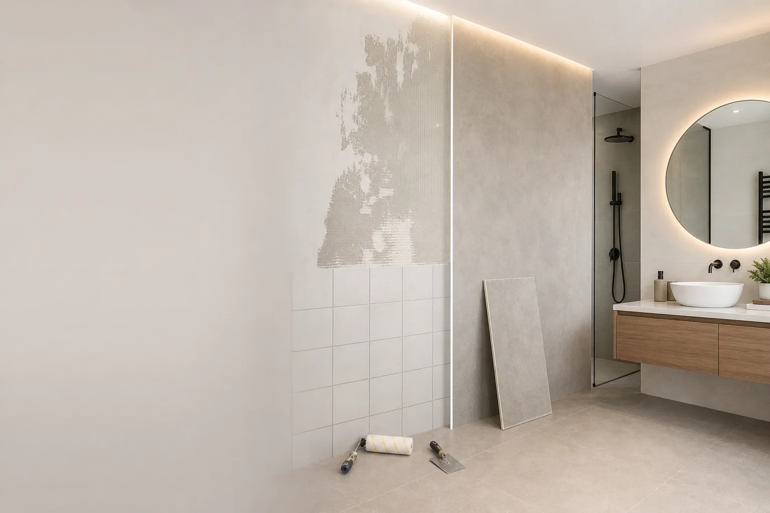Salle de bain moderne avec ancien carrelage recouvert par un revêtement mural contemporain lors d’une rénovation sans démolition