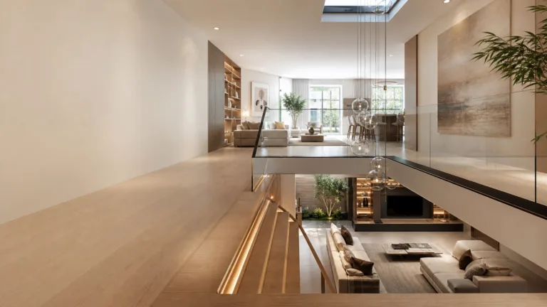 Intérieur d’un appartement souplex moderne avec escalier menant à un niveau inférieur aménagé