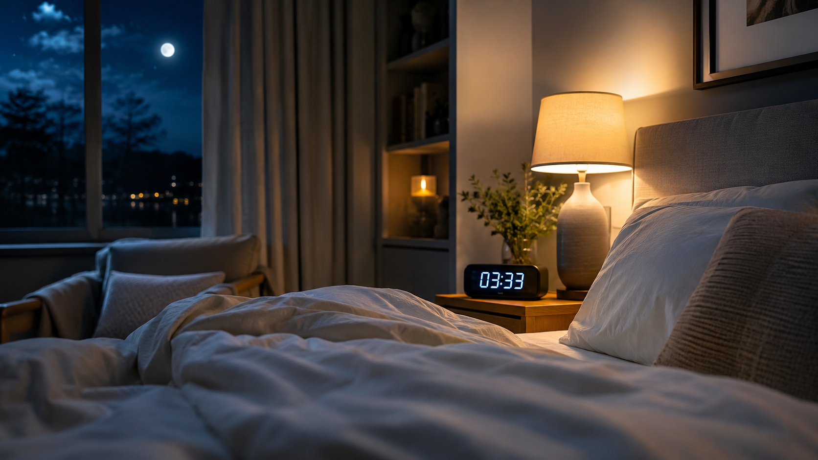 Chambre à coucher confortable la nuit, réveil affichant 03:33